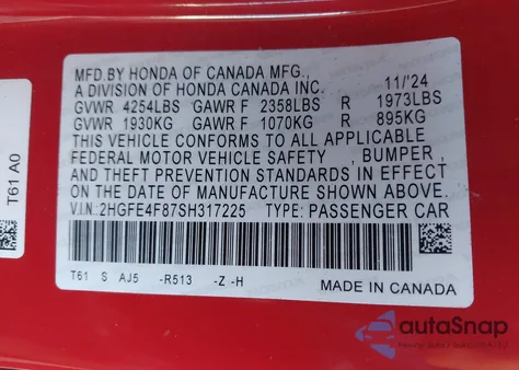 2025 Honda Civic Hybrid Sport/Sport Touring from USA, damaged, VIN 2HGFE4F87SH317225
